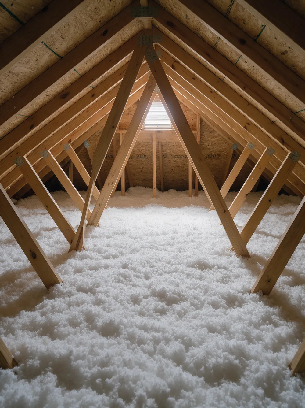 Thick new blown in insulation covering an attic floor between the wooden roof trusses