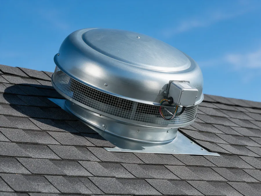 Round galvanized electric attic fan mounted on a gray shingle roof under a blue sky