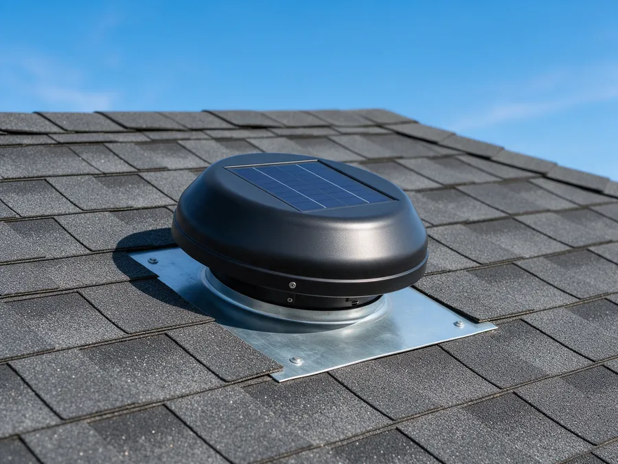 Solar attic fan with a small built in solar panel mounted on a gray shingle roof