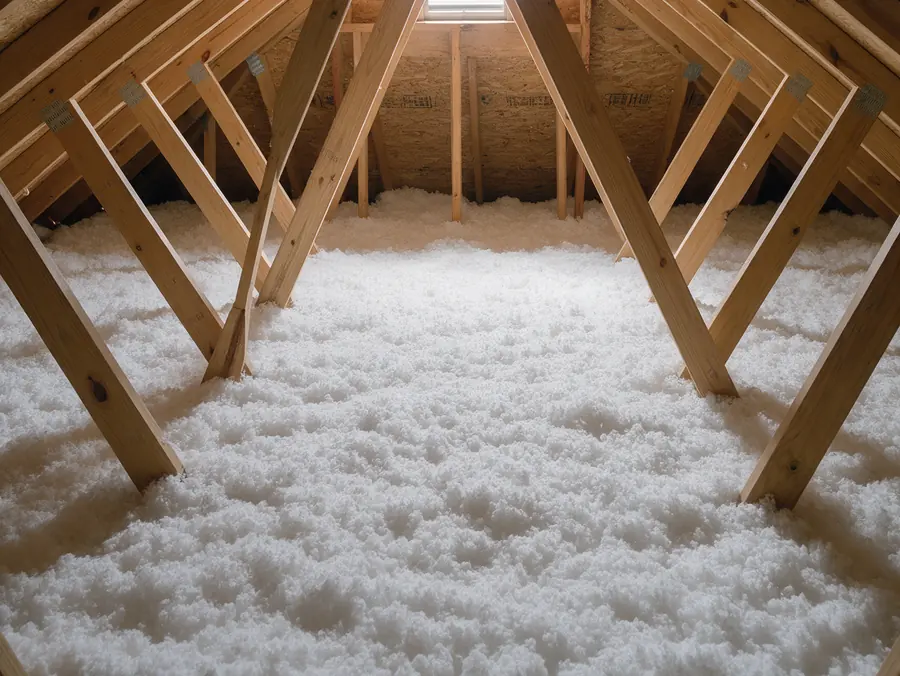 New blown in insulation covering an attic floor beneath the wooden roof trusses