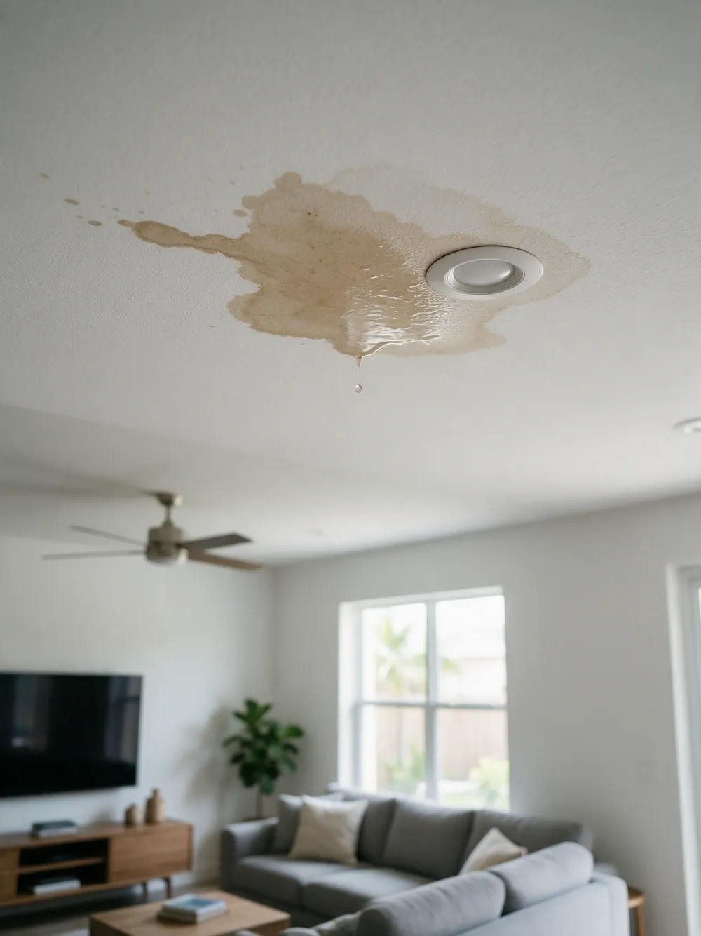 Brown water stain from a roof leak spreading across a white ceiling next to a recessed light