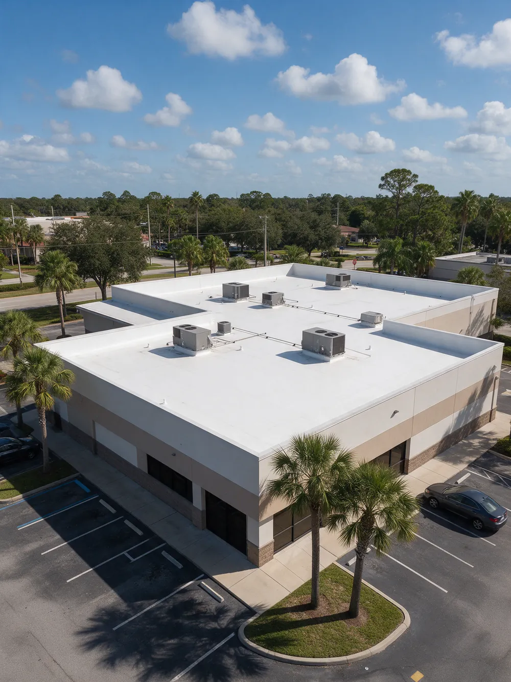 White TPO flat roof with rooftop air conditioning units on a one story commercial building beside a parking lot
