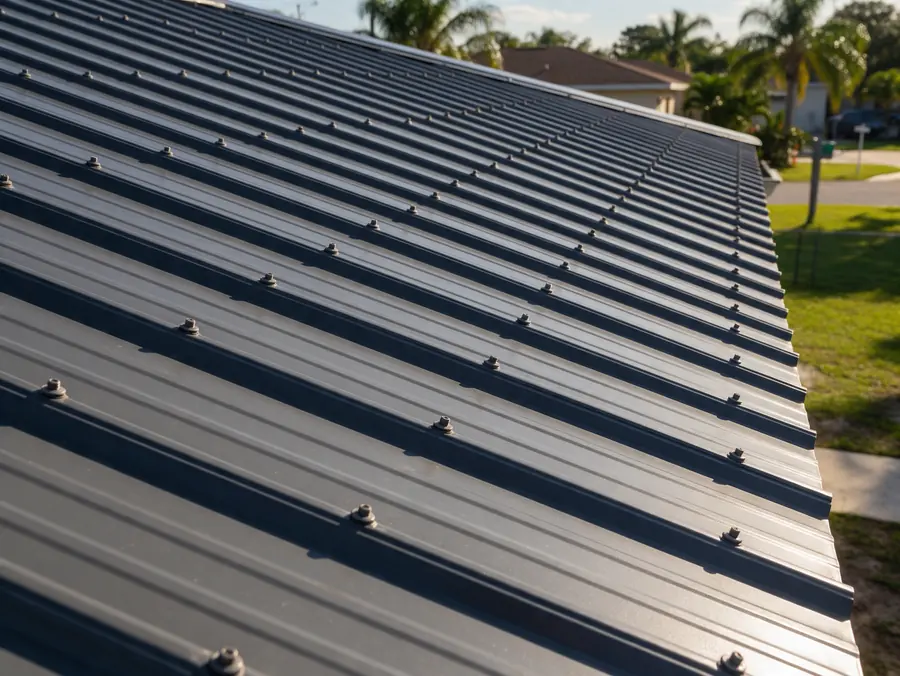 Charcoal exposed fastener metal roof panels with rows of screws and rubber washers