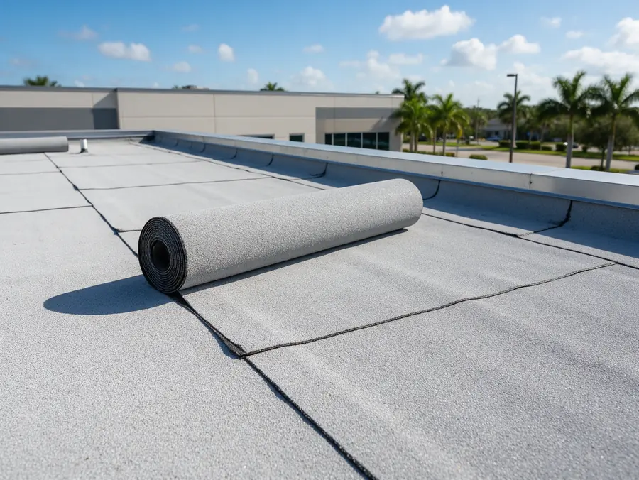 Light gray modified bitumen flat roof with overlapping cap sheet seams and a roll of new cap sheet
