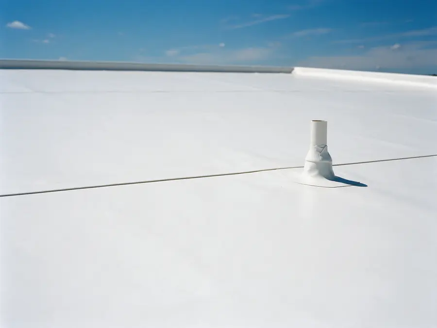 White TPO membrane flat roof with a heat welded seam and a sealed pipe boot