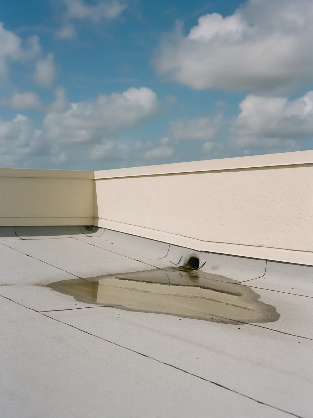 Ponding water beside a drain on a light gray flat roof with a stucco parapet wall