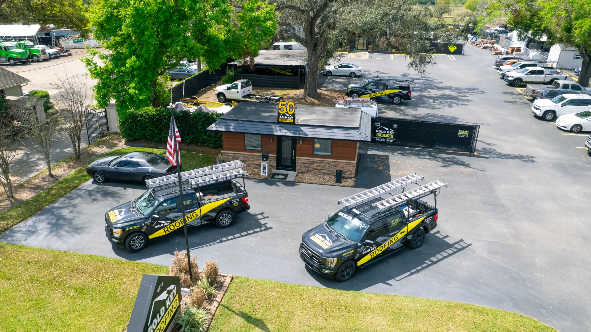 Gold Key Roofing’s Orlando office, trucks and material yard, seen from the air