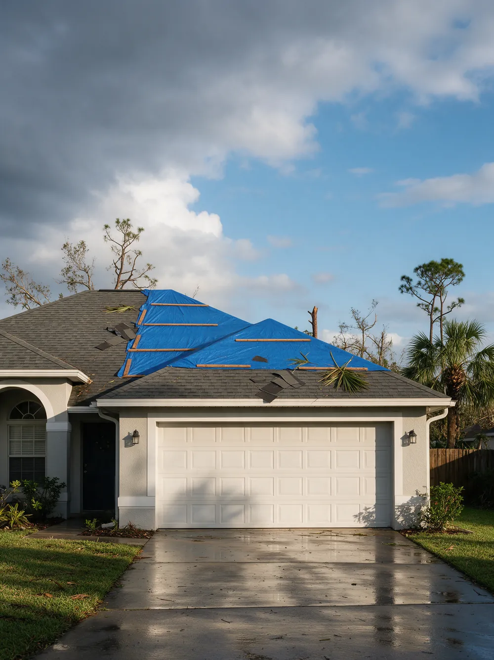 Blue emergency tarp fastened over part of a gray shingle roof on a Florida home after a storm