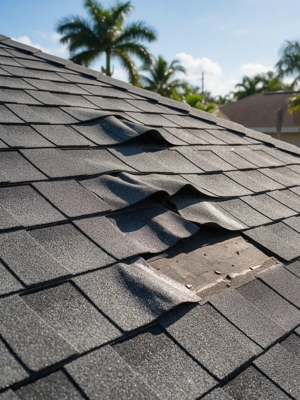 Creased and lifted gray shingles and one missing shingle on a roof after a windstorm